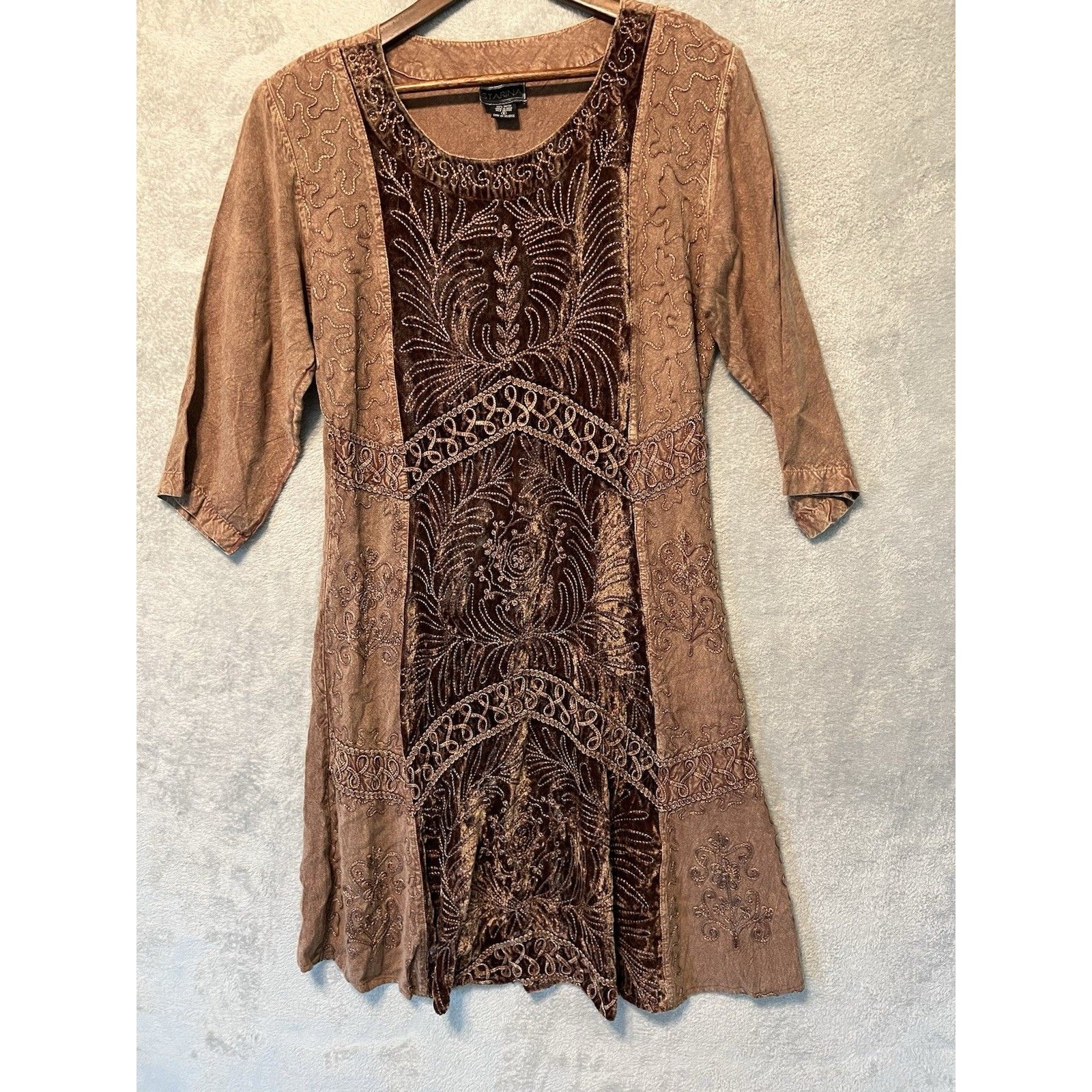 Vintage Starina Midi Brown Stitches Velvet Inlay Dress Whimsy Boho Y2k Hippie